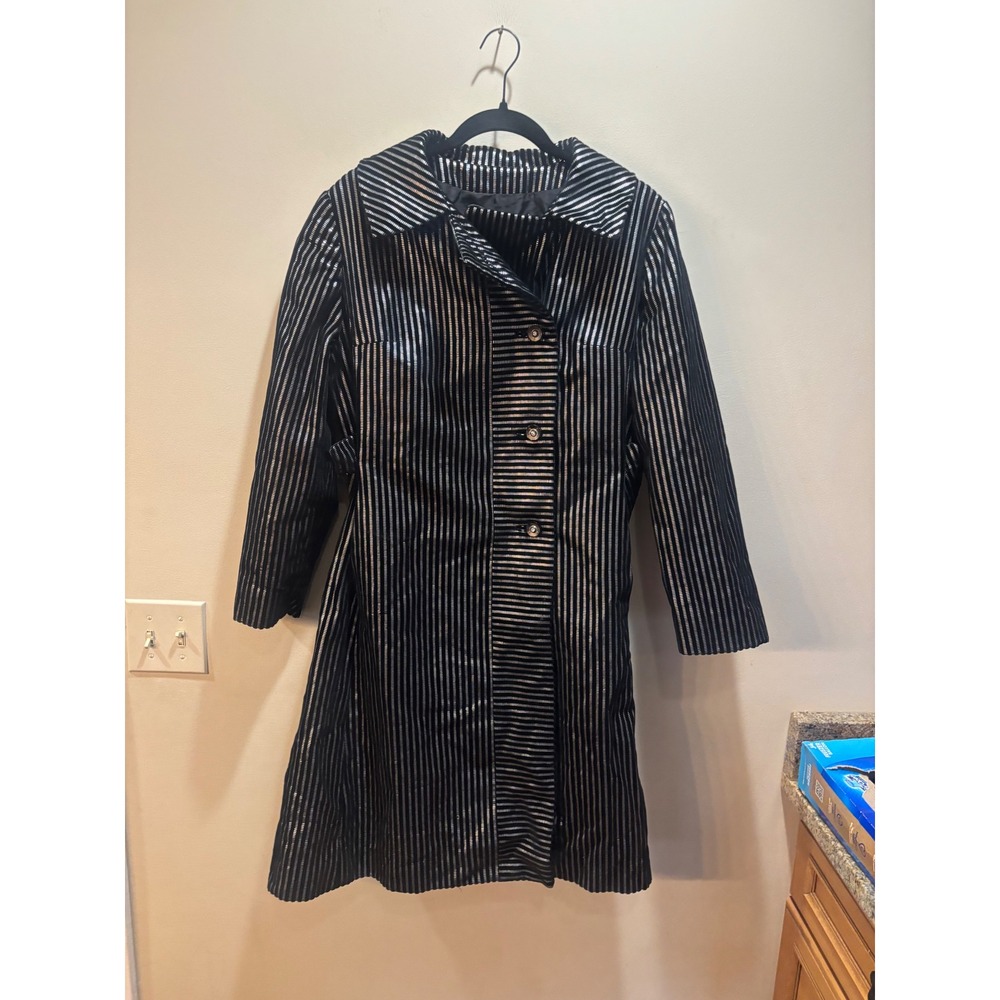 Vintage Count Romi Metallic Silver Black Striped Trench Coat Belted Size 16